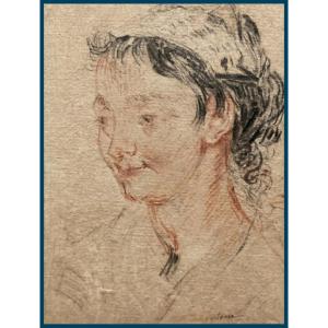 Chantereau Jérôme-françois (1710-1757) "woman's Head" Drawing/black Chalk And Red Chalk