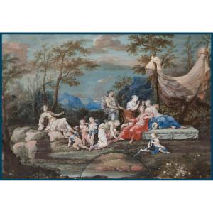 French School Late 17th-early 18th Century "diana And Apollo" Gouache Drawing, 18th Century Frame