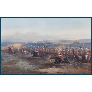 Norie Orlando (1832-1901) "charge Of The British Cavalry" Large Gouache, Signed