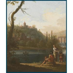 Italian School 18th Century "figures On The Banks Of A River" Oil On Canvas