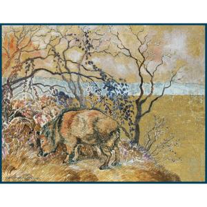 Manzana Pissarro Georges (1871-1961)son Camille Pissarro"wild Boar"drawing/gouache,gold, Signed