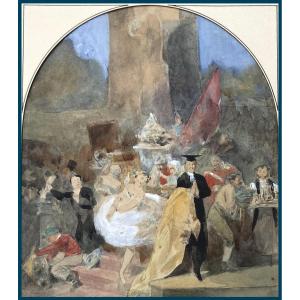 Lami Eugène (1800-1890) Attributed To "characters And Dancer" Drawing/black Pencil, Watercolor