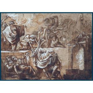 French School 18th Century "tobias Burying The Dead" Drawing/brown Wash, Gouache, 19th Frame