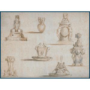 Italian School 18th Century "project For Fountains" Pen Drawing, Ink And Brown And Gray Wash