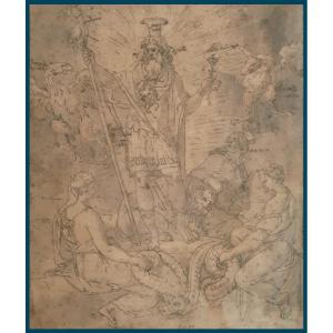 Italian School Circa 1550 "mythological Scene" Drawing With Pen And Ink