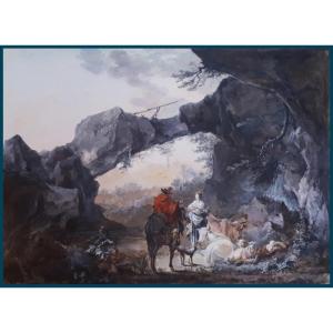 French School 18th Century "animated Landscape" Watercolor And Gouache