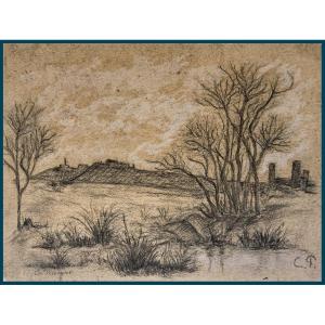 Pissarro Camille (1830-1903) "landscape" Drawing/black Pencil, White Chalk, 2 Stamps, 19th Century Frame