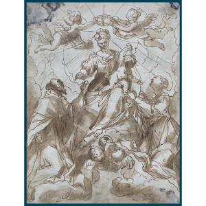 Piola Paolo Gerolamo (1666-1724) "the Virgin And Child Crowned By Angels" Drawing/pen, Wash