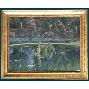Marliave François De (1874-1953) "view Of A Pond In A Park" Drawing/gouache, Signed, Frame 20th