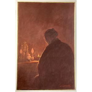 Yamamoto J.s. Japanese School "character From The Back" Watercolor Drawing, Signed