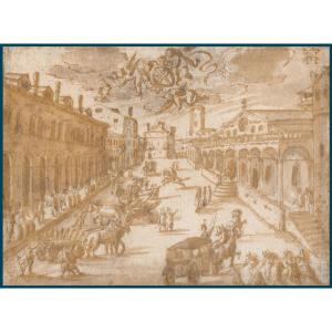 Northern School Circa 1600 "feast Scene" Drawing With Pen And Brown Wash