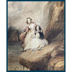 Johannot Tony (1803-1852) "minna And Brenda After "the Pirate" By Walter Scott" Watercolor, Frame