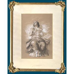 Devéria Achille (1800-1857) "seated Draped Woman" Drawing/black Pencil, White Chalk, Signed, Frame
