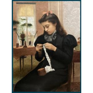 French School 19th Century "young Woman At Work" Oil On Canvas, Illegible Signature