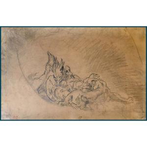 Delacroix Eugène (1798-1863) "ceiling Study Of Apollo At The Louvre" Drawing/black Pencil, Stamp, Frame