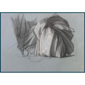 Pichon Auguste (1805-1900) "study Of Drapery" Drawing/black Pencil, White Chalk, Provenance