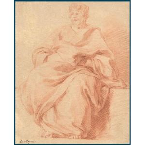 Lemoyne François (1688-1737) "seated Draped Figure" Red Chalk Drawing, Annotated