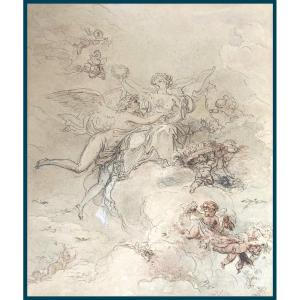Callet Antoine-françois (1741-1823) Attr. To "zephyr & Flora Crowning Cybele" Drawing/pen, Wash