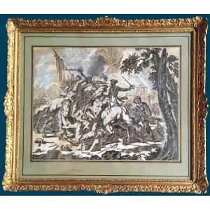 Parrocel Charles (1688-1752) "cavalry Clash" Drawing/pen, Wash, Provenance, Stamp, Frame 19th