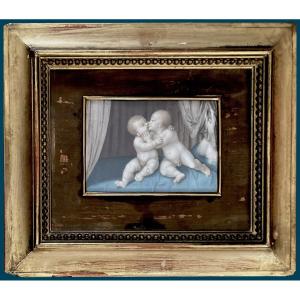 French School 19th Century "two Putti" Watercolor, Frame From Late 19th Century