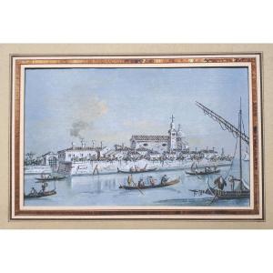 Guardi Giacomo (1764-1835) "view Of Sant' Andrea Della Certosa" Drawing/gouache, Signed, Situated, Frame