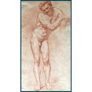 French School 18th Century "standing Man Academy" Red Chalk Pencil Drawing