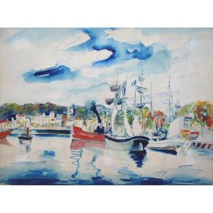 Maclet Elisée (1881-1962) "port Scene" Watercolor, Signed