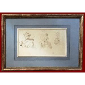 Delacroix Eugène (1798-1863) "study Of Heads Of Ange Politien 16th"drawing/pen,brown Wash,stamp