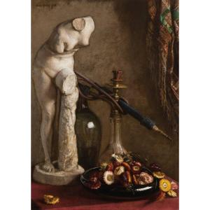 Pollet Jules (1870-1941) Belgian School "still Life With Hookah" Oil On Canvas, Signed, Frame