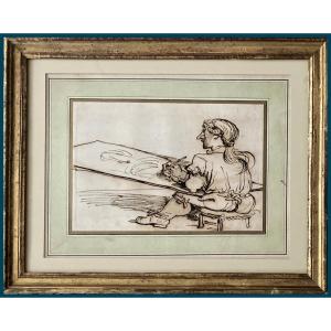 Vincent François-andré (1746-1816) "the Artist Drawing" Pen Drawing, Frame Late 18th Century