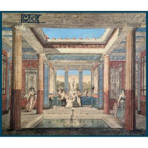 Mazois François (1783-1826) "pompeian Villa And Characters" Drawing/pen, Watercolor, Annotated