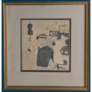 Galanis Dimitrio Emmanuel (1882-1966) "the Seamstresses" Drawing/black Pencil, Ink, Signed