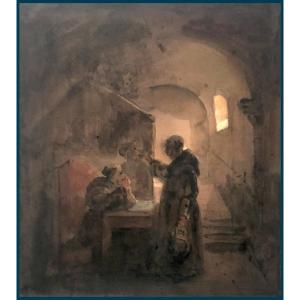 Granet François Marius (1775-1849) "religious In A Convent"watercolor, Signed, Dated,dedication