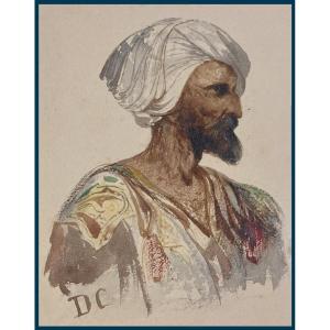 Decamps Alexandre Gabriel (1803-1860) "oriental Head" Watercolor, Monogrammed, Provenance