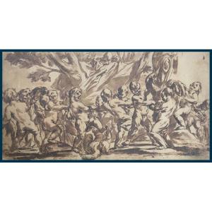 Beinaschi Giovanni Battista (1636-1688) "angelots"large Drawing/pen,brown Wash,museum Of Rennes