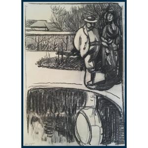 Dethomas Maxime (1867-1929) "couple In Front Of A Pond" Black Pencil Drawing