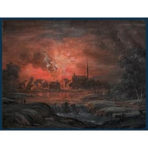 Agricola Christoph-ludwig (1665-1719) Deutsch School "a Fire" Drawing/gouache On Vellum