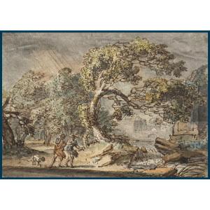 Northern School Late 17th "landscape, Characters & Dog" Drawing/pen And Watercolor, Provenance/stamps