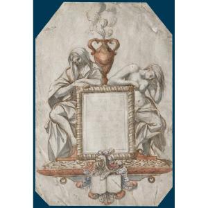 Italian School 17th Century "frontispiece Project" Pen Drawing, Gray Wash And Watercolor