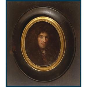 French School Late 17th Century "portrait Of A Man" Oil On Copper, 19th Century Frame