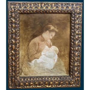 Jules Gustave Besson (1868-1942) "maternity" Oil On Panel, Signed