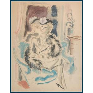 Dignimont André (1891-1965) "the Elegant" Large Drawing In Gouache And Watercolor, Signed