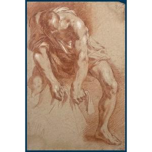 Italian School Early 18th Century "leaning Draped Man" Drawing/red Chalk And White Chalk