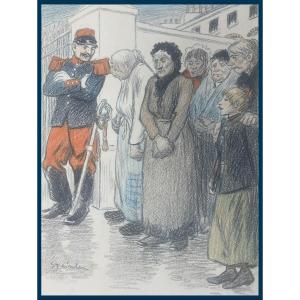 Steinlen Théophile Alexandre (1859-1923) "street Scene" Drawing/black Pencil And Color, Signed