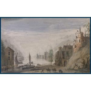 Rademaker Abraham (1675-1735) "river Landscape" Watercolor Drawing, Signed