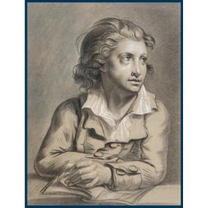 French School Late 18th Century "portrait Of A Young Man" Large Drawing/black E And White Chalk
