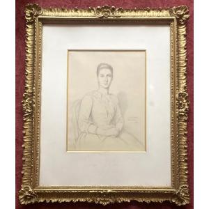 Flandrin Paul (1811-1902) "portrait Of A Woman" Drawing/black Pencil, Signed, Dated, Original Frame