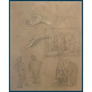 Bouguereau William (1825-1905) "study Of Characters & Hands" Drawing/black Pencil, White Chalk, Signed