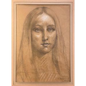 Séon Alexandre (1855-1917) "head Of A Woman" Drawing In Black Pencil And White Chalk, Signed, Annotated