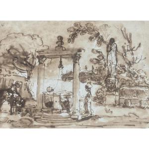 Robert Hubert (1733-1808) "landscape With Figures" Pen And Brown Wash Drawing